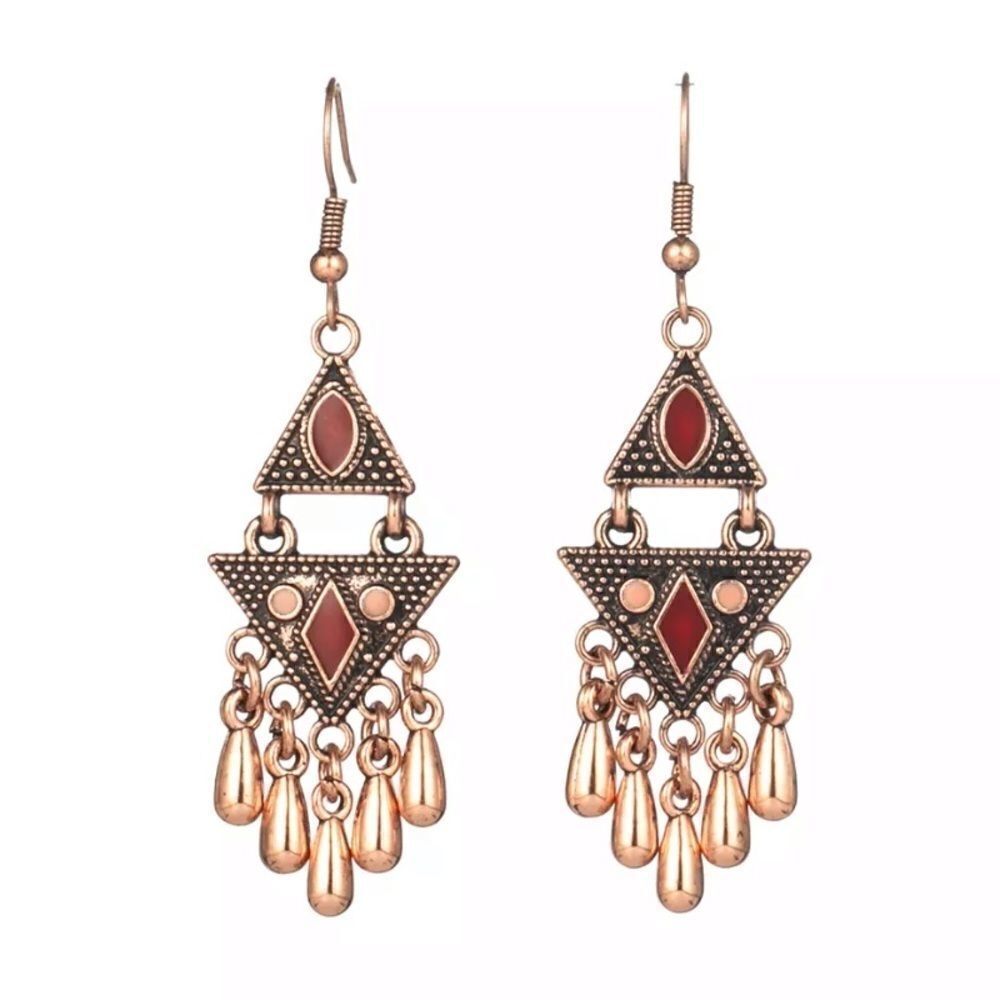 Copper Tone Geometric Triangle Chandelier Earrings Rust Orange Enamel Teardrop